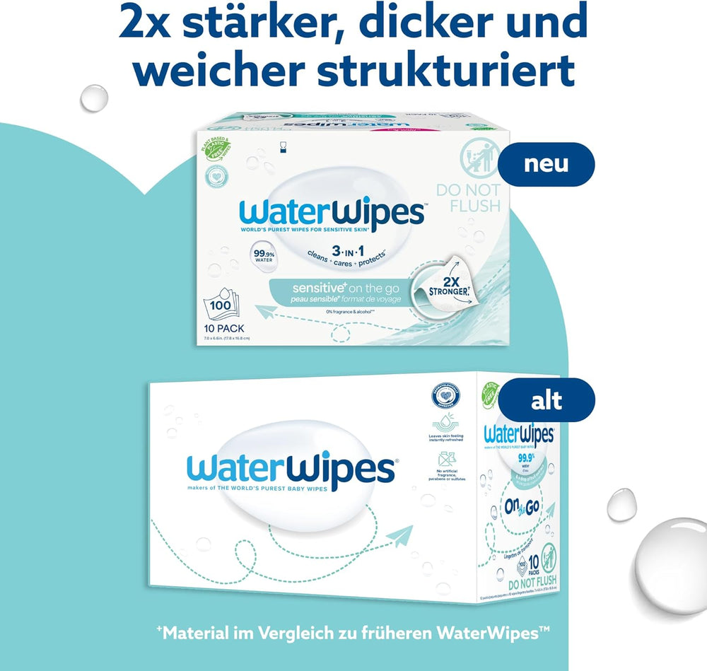Șervețele umede WaterWipes Sensitive+ On The Go, 100 de șervețele (10 pachete), 3 în 1 curăță, îngrijește, protejează, 99,9% apă, șervețele fără parfum