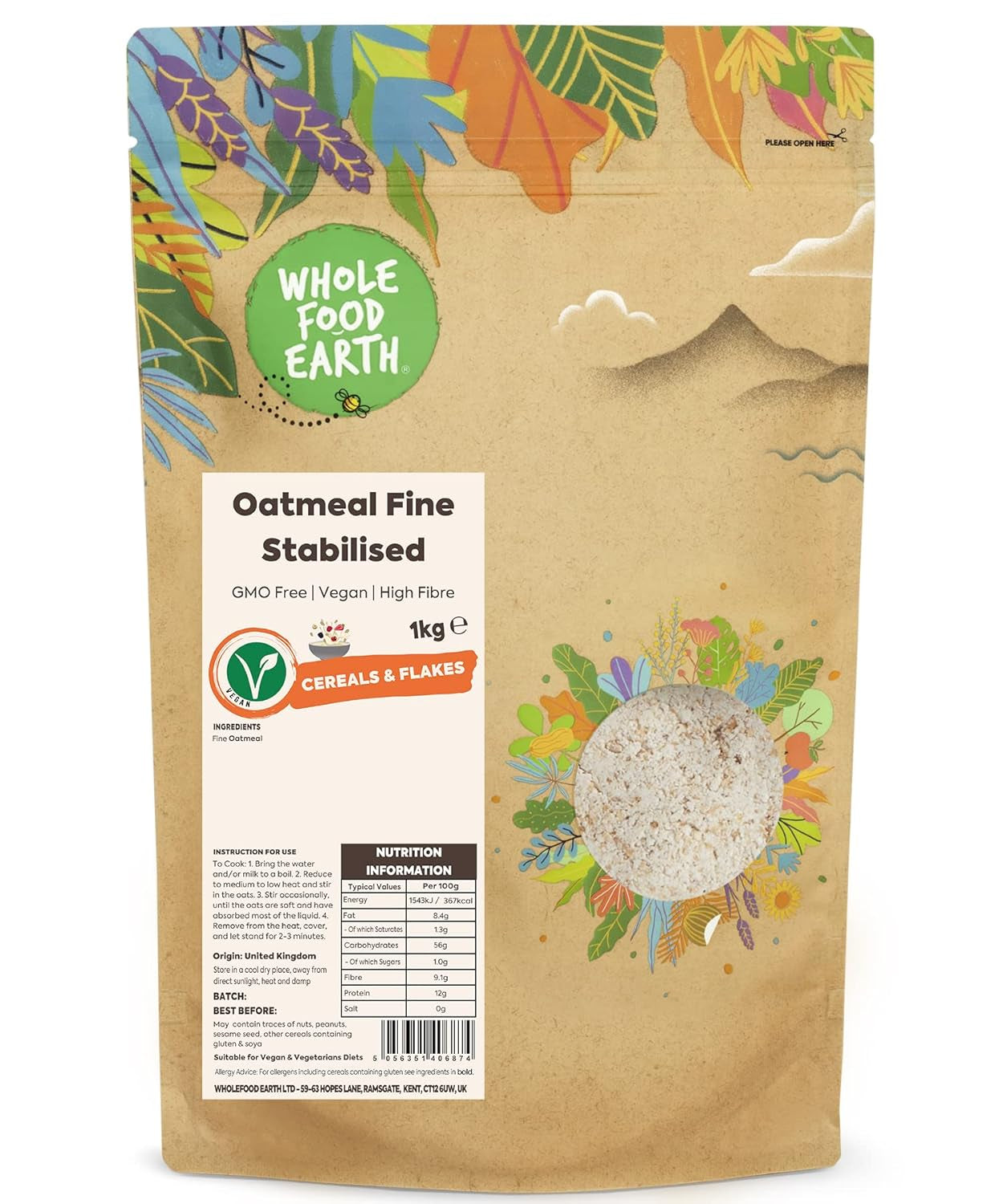 Fulgi de ovăz Wholefood Earth Fine Oats - fără OMG - vegan - fără lactate - fără zahăr adăugat 1 kg