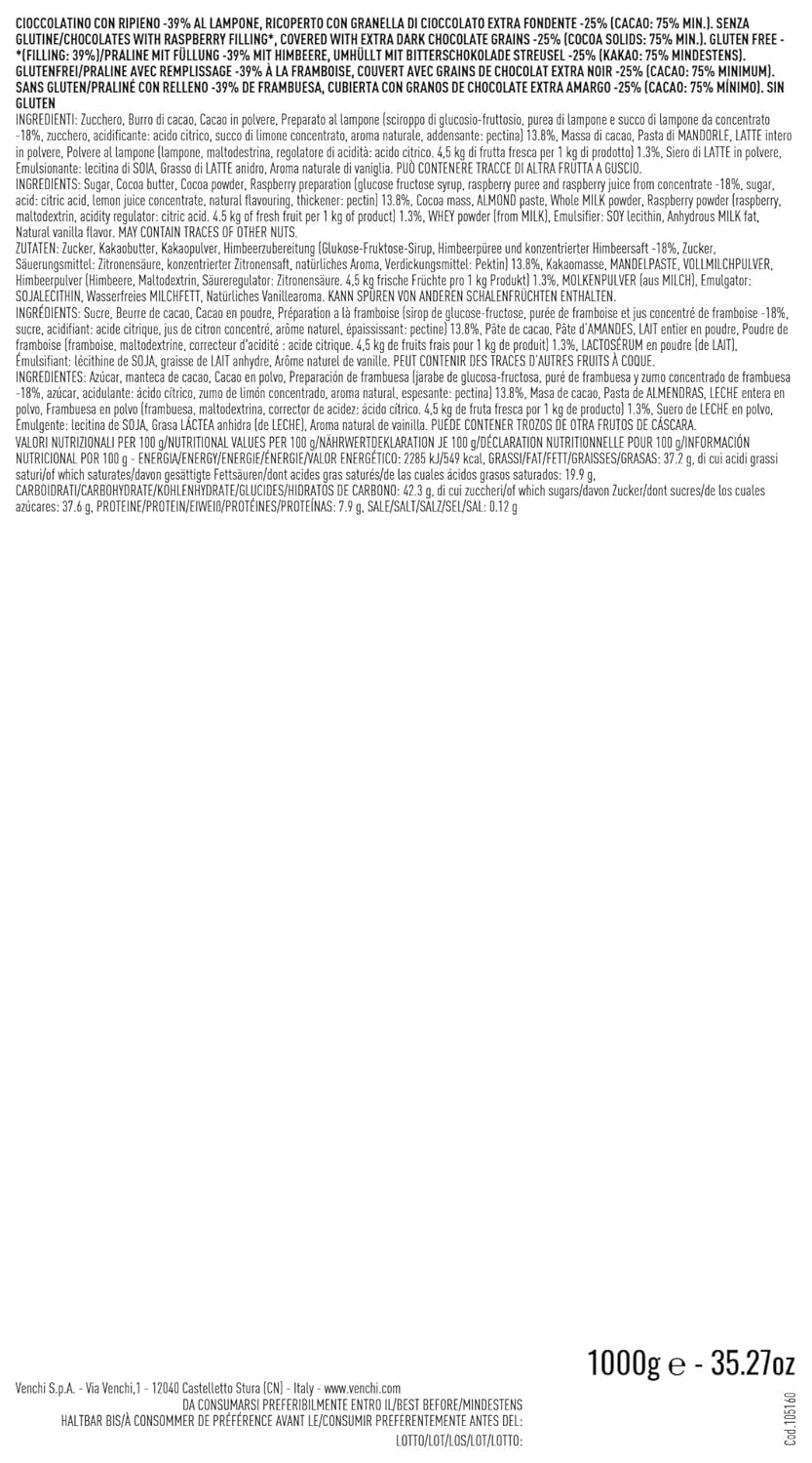 Venchi – Chocoviar Zmeură, praline la pungă de 1 kg, cu ciocolată neagră, fără gluten, fără coloranți artificiali și fără conservanți