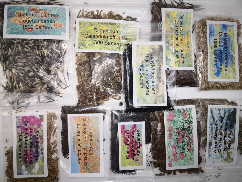 Set de semințe de flori sălbatice, 10 soiuri, 28.000 de semințe, amestec de flori sălbatice de luncă cu maci, albăstrele, gălbenele, margarete și multe altele, toate ambalate individual