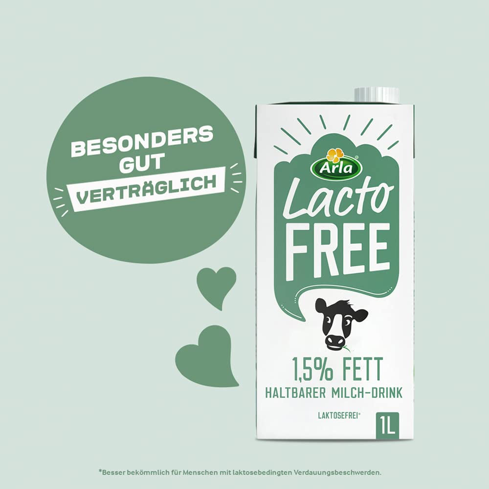 Arla LactoFREE Laktosefreie Haltbare Milch 1,5% Fett | 10 x 1L | echter Milchgeschmack, weniger süß | reich an Calcium und Vitamin B12