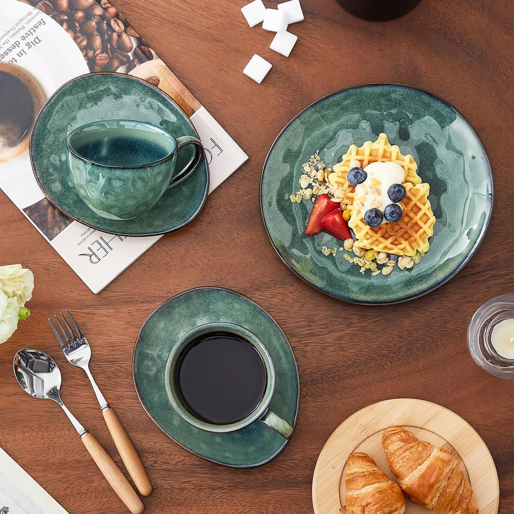 Serviciu de cafea Vancasso din gresie, set de cafea STARRY cu 12 piese pentru 4 persoane, include cești de cafea și farfurioare, aspect vintage