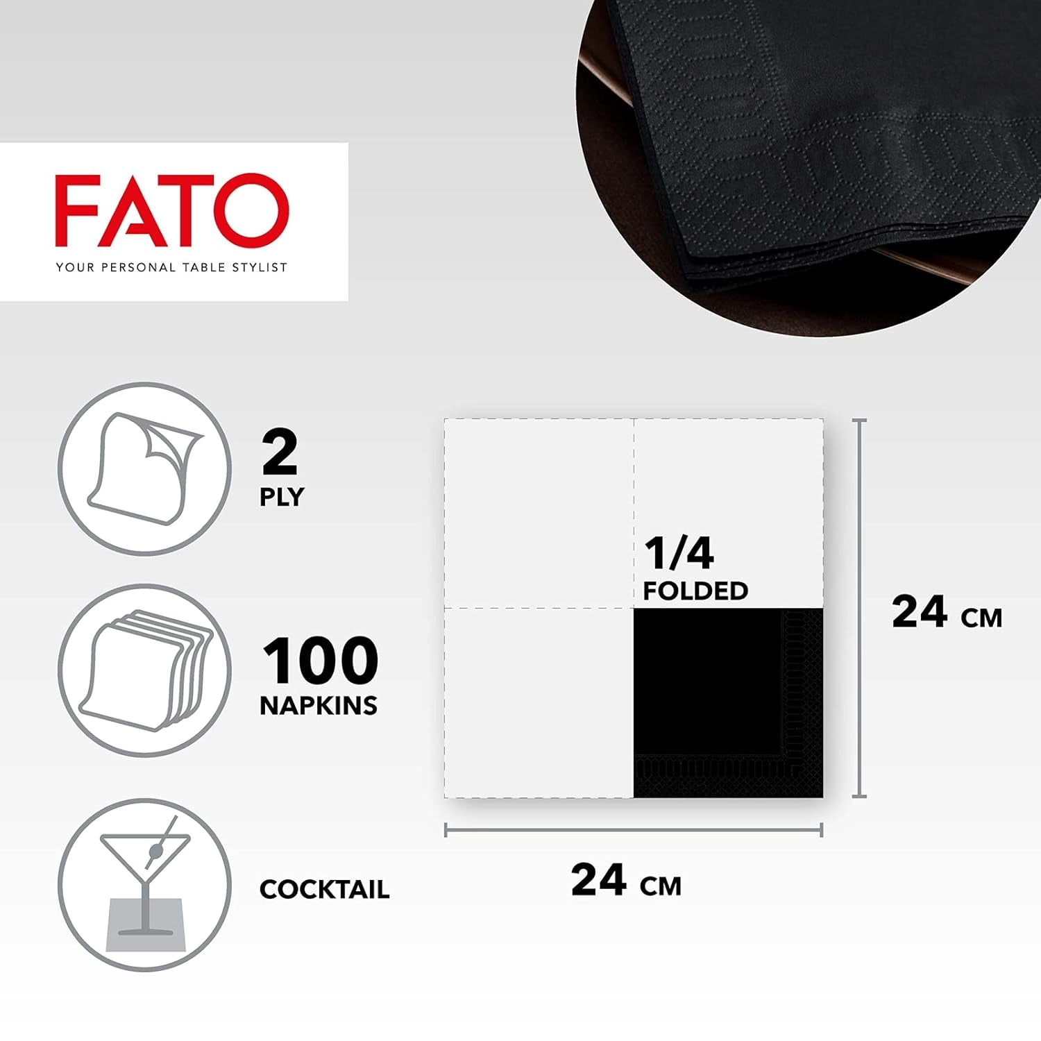 - Șervețele de hârtie de unică folosință, ideale pentru aperitive și cocktailuri, pachet de 100 șervețele, dimensiune 24X24, pliate 4 ori, 2 straturi, culoare neagră, hârtie din celuloză pură 100%, certificată Fsc