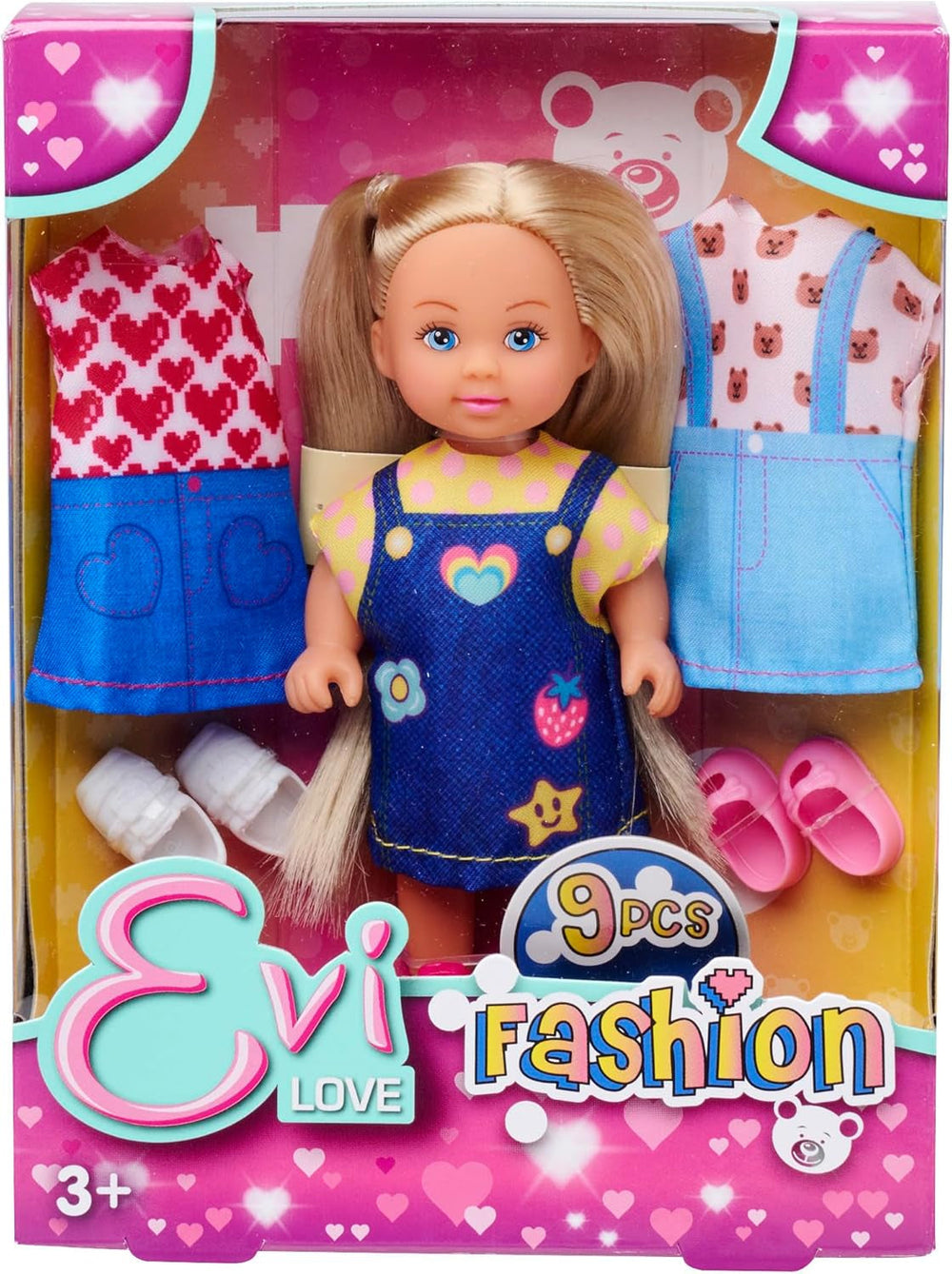 Simba Evi Love Fashion, o păpușă purtând o rochie drăguță din denim, inclusiv alte două ținute cu imprimeuri adorabile și adidași, 12 cm, vârste 3+