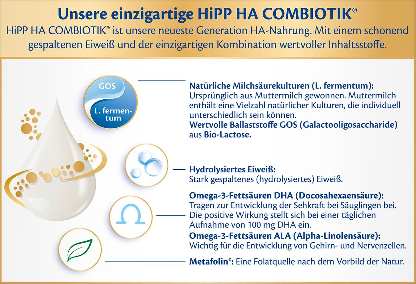 HiPP HA 2 Combiotik (4 x 600g) - Formulă de continuare după 6 luni, cu culturi naturale de acid lactic, fibre alimentare valoroase (GOS), Omega-3, proteine hidrolizate pentru sisteme imunitare sensibile
