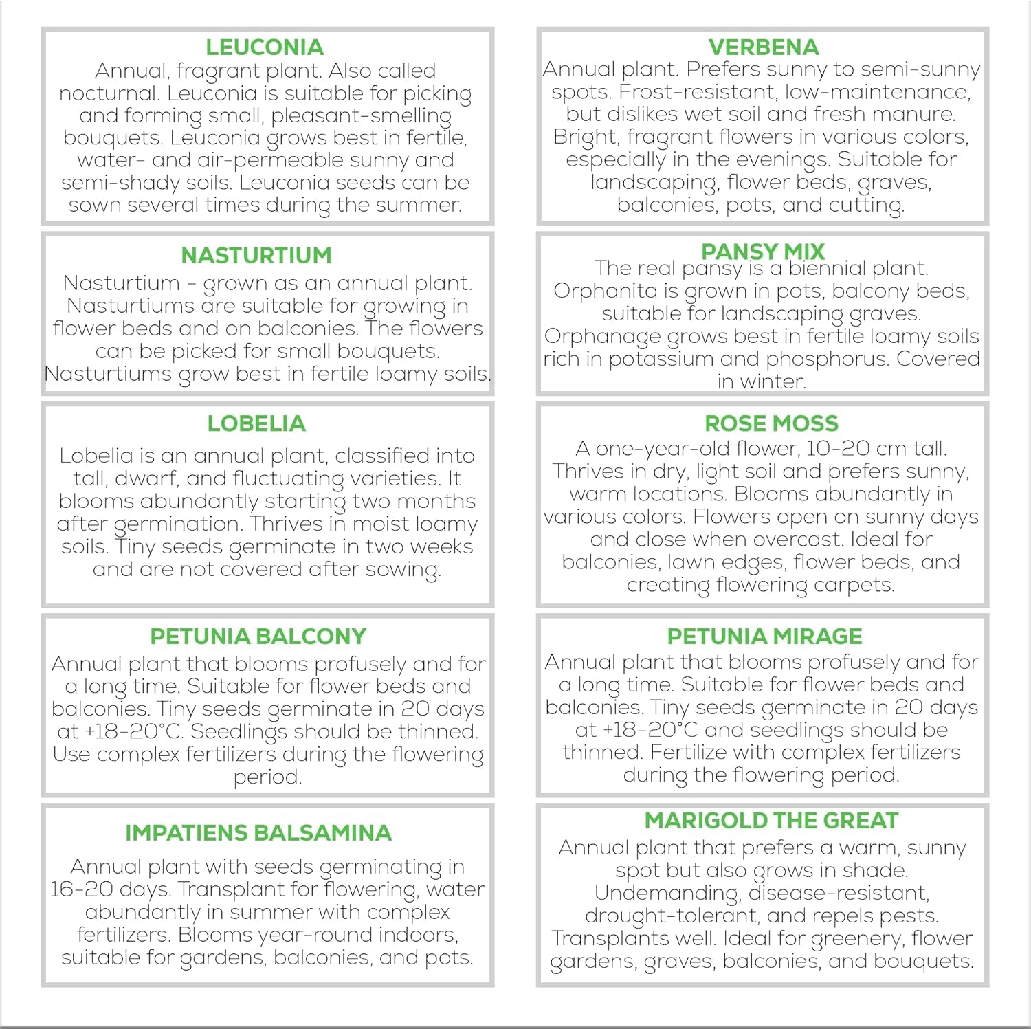 Set de semințe de flori Nojus – 10 varietăți de semințe de flori – Semințe de flori de balcon – Semințe de plante colorate – 10 pachete – Semințe de flori sălbatice – Pliculețe cu semințe de flori – Cadou ideal cu semințe de flori