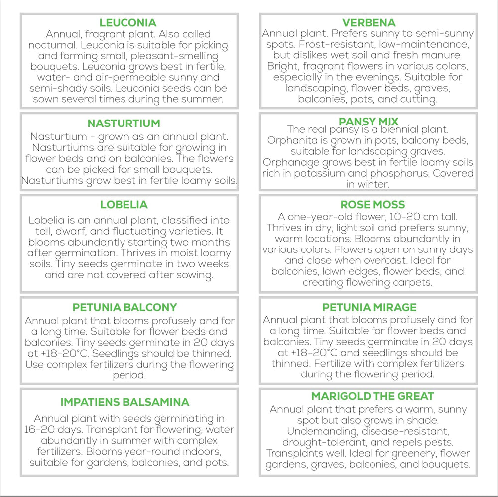 Set de semințe de flori Nojus – 10 varietăți de semințe de flori – Semințe de flori de balcon – Semințe de plante colorate – 10 pachete – Semințe de flori sălbatice – Pliculețe cu semințe de flori – Cadou ideal cu semințe de flori