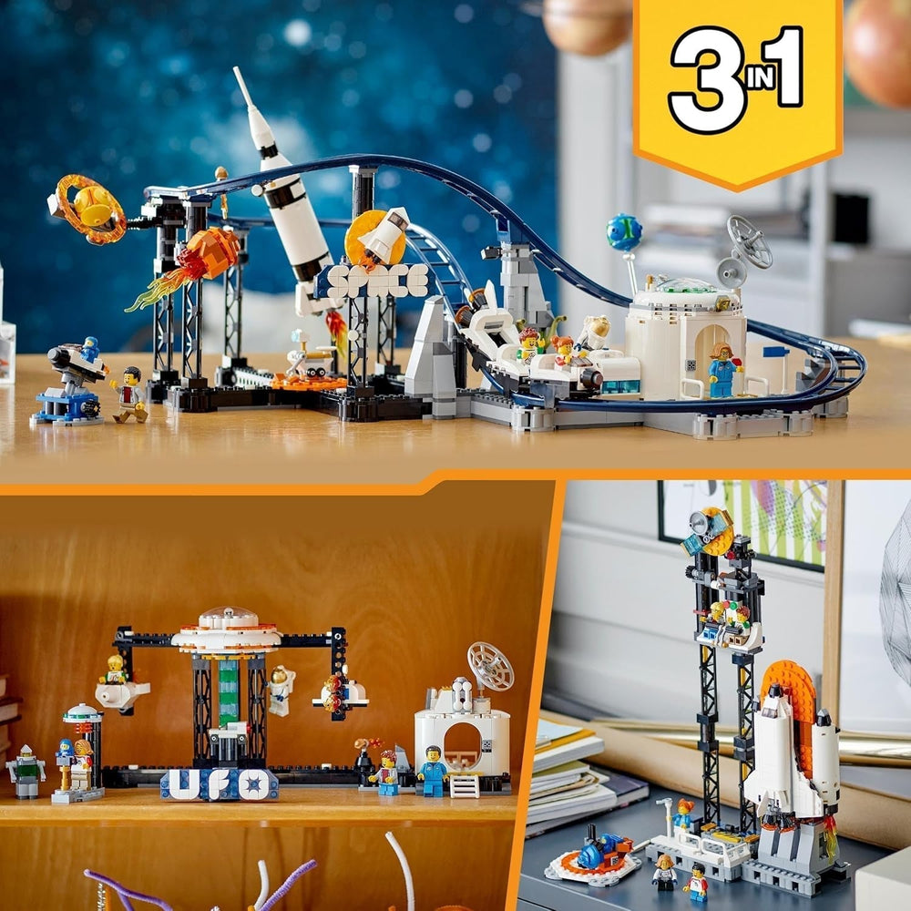 LEGO 31142 Creator 3-In-1 Rollercoaster spațial, kit de jucărie pentru bâlci cu cărucioare funcționale, convertibil în turn de cădere liberă sau carusel cu rachete și cărămizi strălucitoare Seturi de constructie Besuche den LEGO-Store