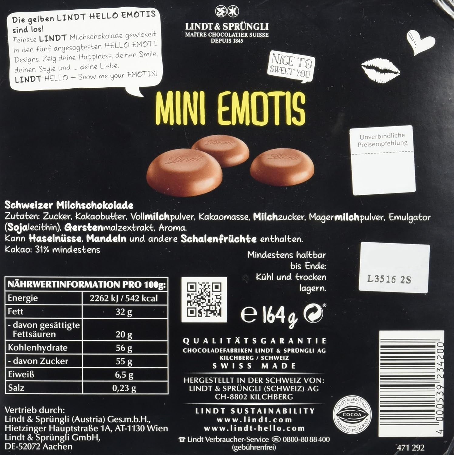 Asortiment de ciocolată (37 bile LINDOR, 24 bețișoare Hello Mini, 10 Mini Fioretto), cadou de ciocolată (1 x 815 g) și HELLO Mini Emoti, ciocolată cu lapte în 5 modele de emoticonuri, 164 g