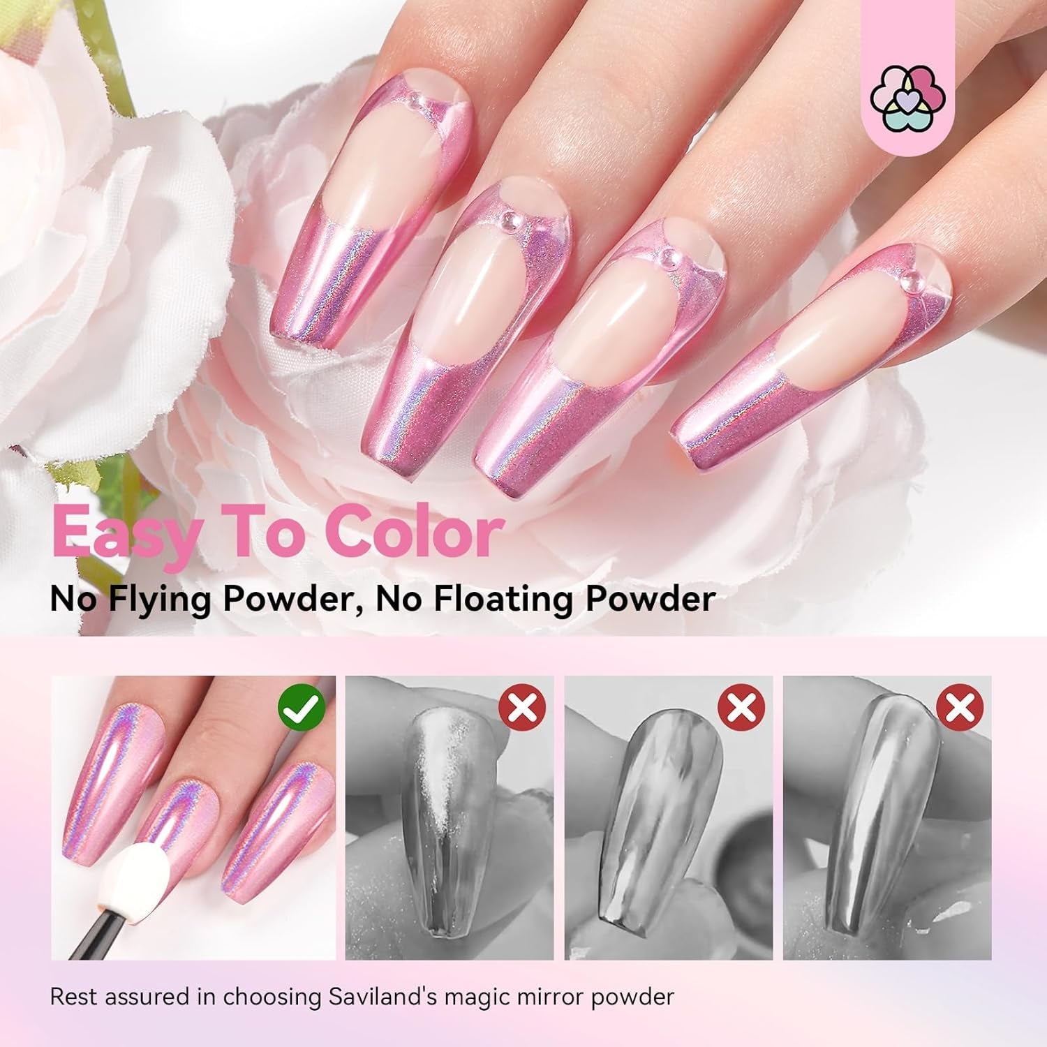 Set pudră unghii Saviland Chrome – Pudră unghii Chrome Laser roz efect oglindă Nail Art cu laser, sclipici pentru unghii manichiură pudră decorativă cu bețișoare de burete, pudră sclipici pentru unghii salon de unghii