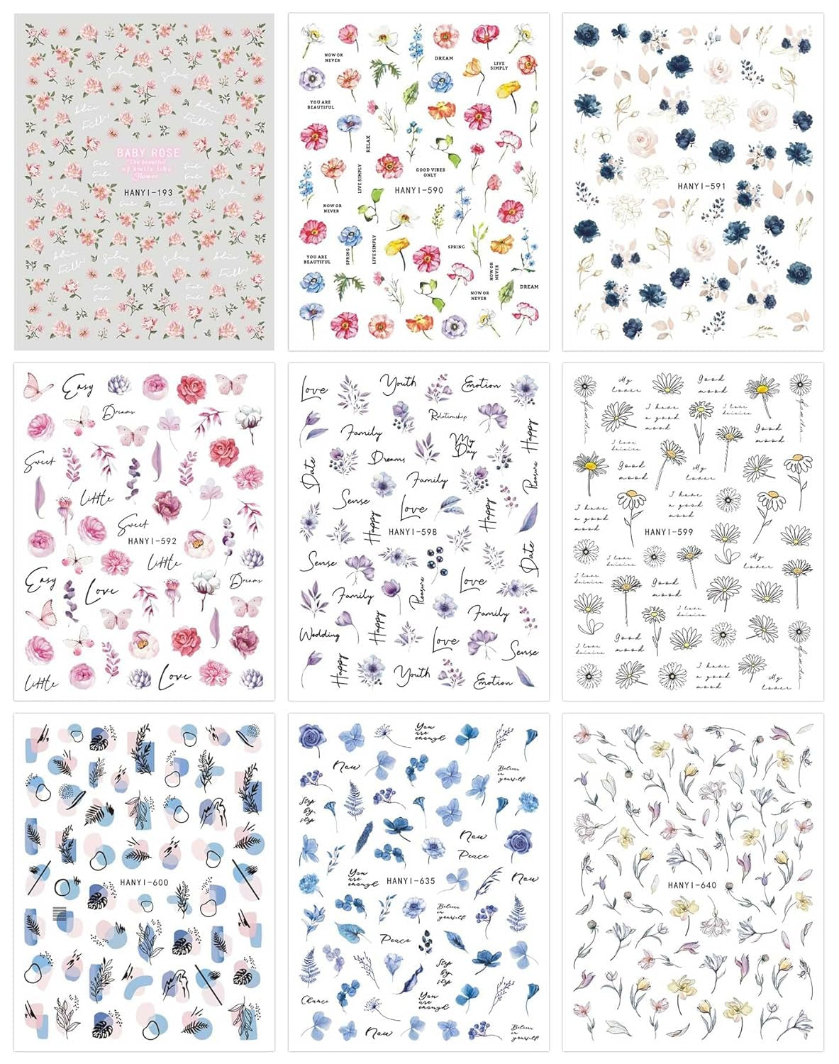 JMEOWIO Nagelsticker Blumen Frühling 9 Blatt Nail Art Sticker Selbstklebend Nagelaufkleber Buntes Sommer Blumen Dekoration Nageldesign Zubehör