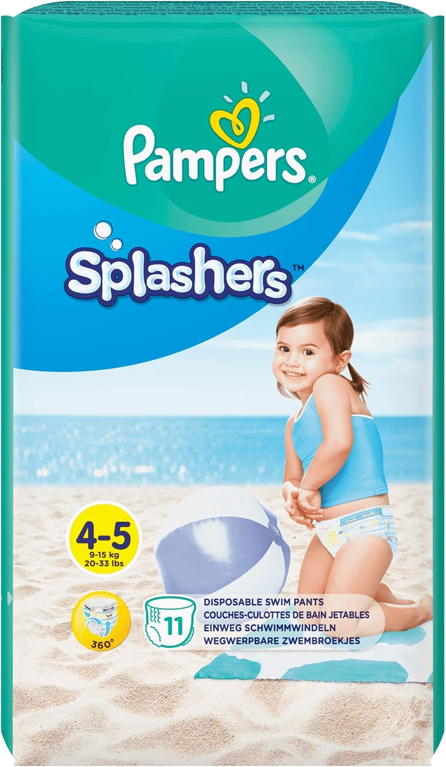 Pampers (Versiunea Veche), Șorturi de baie de unică folosință Splashers - Mărimea 5/6 (14kg+) - Cutie cu 8 pachete a câte 10