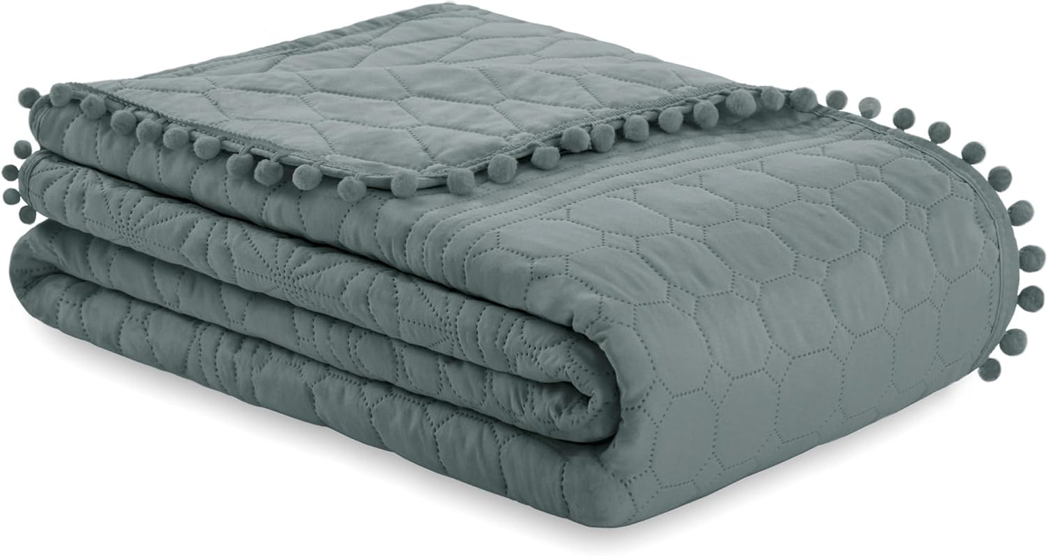 Ameliahome Cuvertură de pat cu pompoane 220X240 Cm Cuvertură de pat cu două fețe Ultrasonic Quilting Poliester Meadore Grey Paturi si Cuverturi Besuche den AmeliaHome-Store