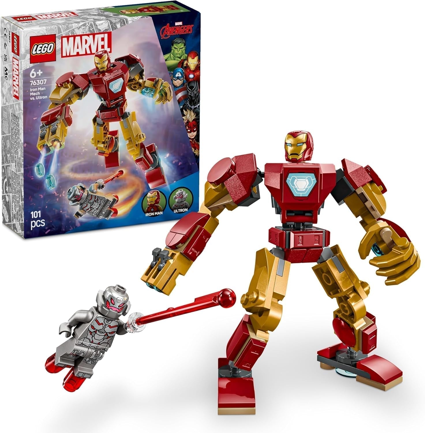 LEGO Marvel Iron Man Mech Vs. Ultron - Jucărie de supererou cu 2 minifigurine - Figură de acțiune cu brațe, picioare și degete mobile - Cadou pentru băieți și fete cu vârsta peste 6 ani 76307 Seturi de constructie Besuche den LEGO-Store Titlu implicit