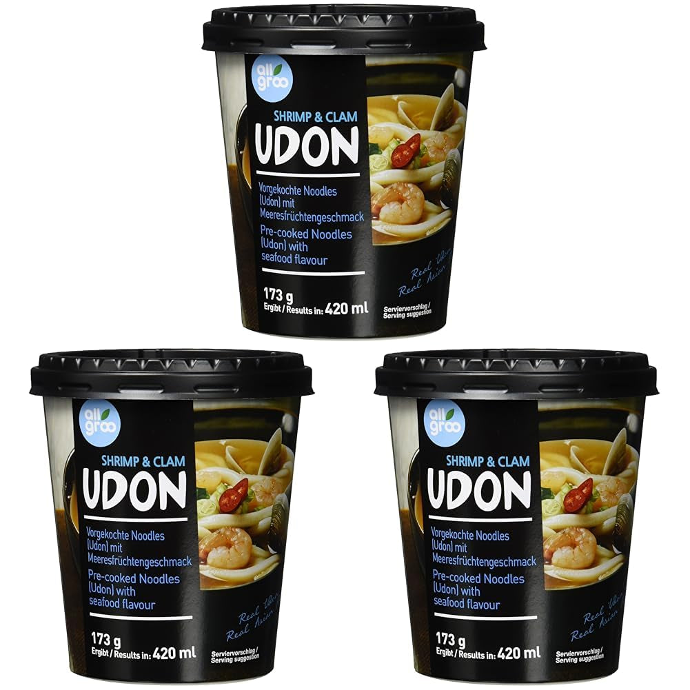 Tăiței instant Allgroo Udon Cup - Supă Udon cu fructe de mare, aromată și picantă - Preparare rapidă (1 x 173 g)
