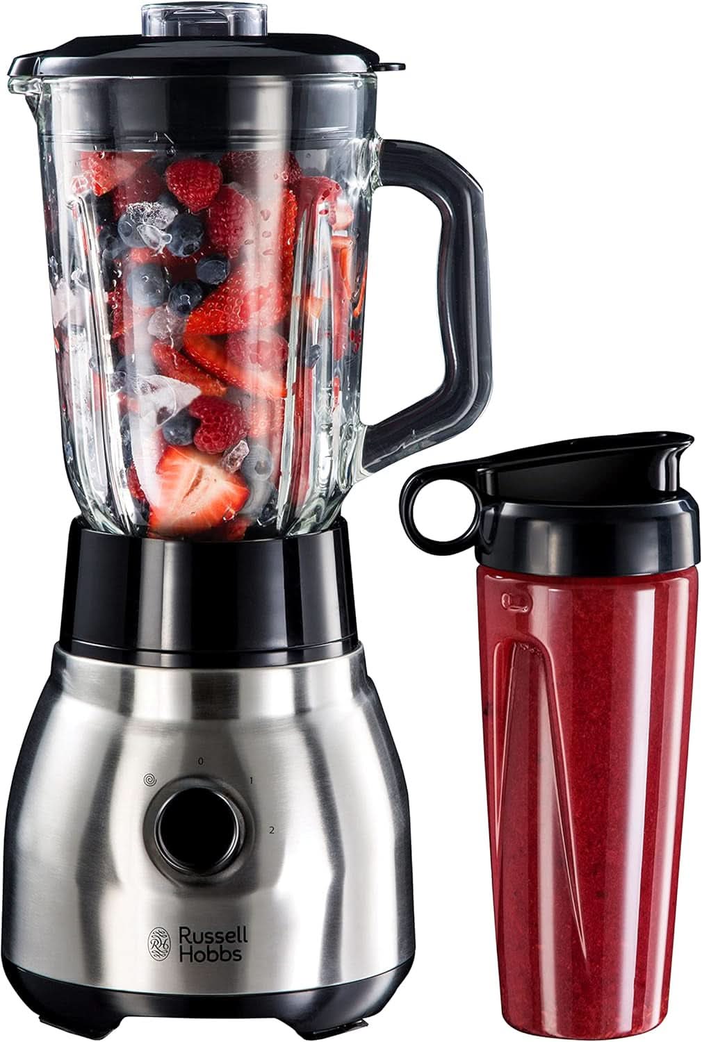 Russell Hobbs Standmixer 2-In-1 [1,5L Glasbehälter Mixer & 0,6L Mini Smoothie Maker -To-Go-Trinkflasche Inkl. Deckel] Spülmaschinenfest, Impuls-/Ice-Crush Funktion, Becher BPA Frei, Edelstahl 23821-56 Bucatarie Naty Shop