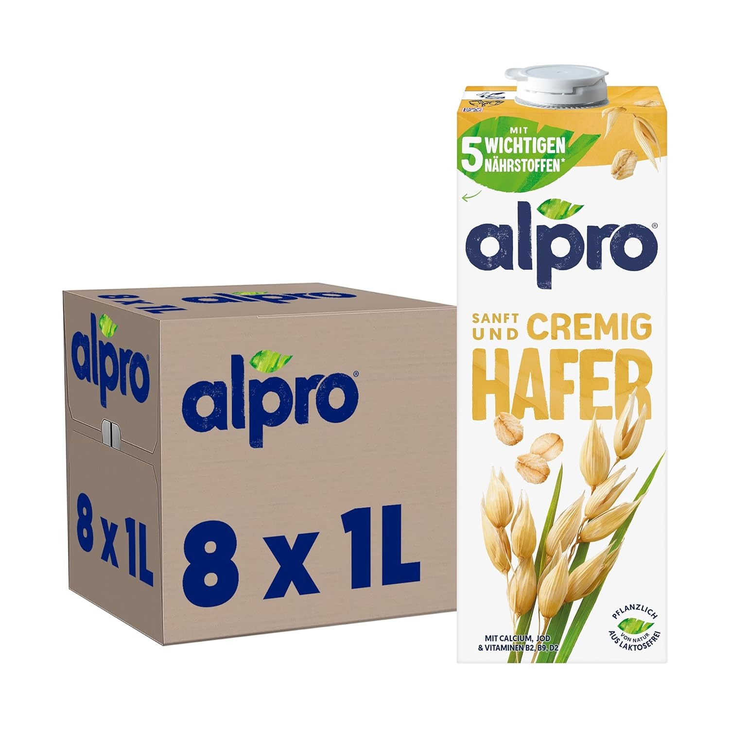 Alpro Haferdrink ohne Zucker – Milchalternative auf Haferbasis – Vegan und laktosefrei – Reich an Ballaststoffen, Calcium und Vitaminen – 8 x 1 L