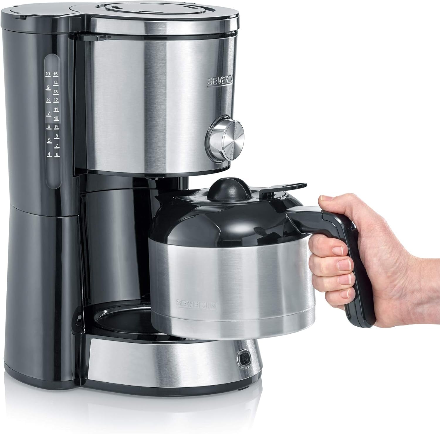 Espressor SEVERIN „TypeSwitch” cu carafă termică, AromaSwitch pentru alegerea între 2 profiluri de preparare, aparat de cafea pentru până la 10 cești, 1000W, oțel inoxidabil periat-negru, KA 4845