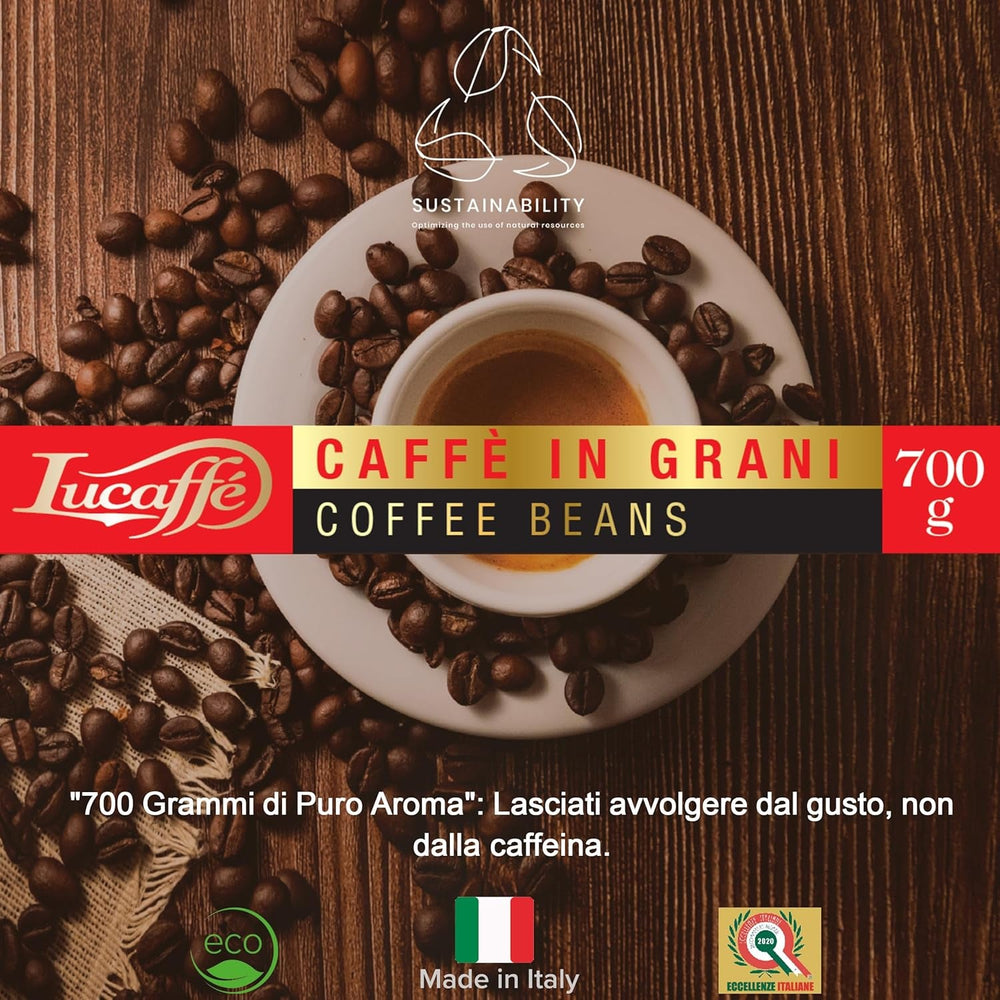 Lucaffè - Entkoffeinierte Kaffeebohnen Decaffeinato, 700 Gr | Kaffeebohnen zum Mahlen für Espresso ohne Koffein | Dunkle Röstung | Süßer und fruchtiger Geschmack, cremig | Intensives Aroma