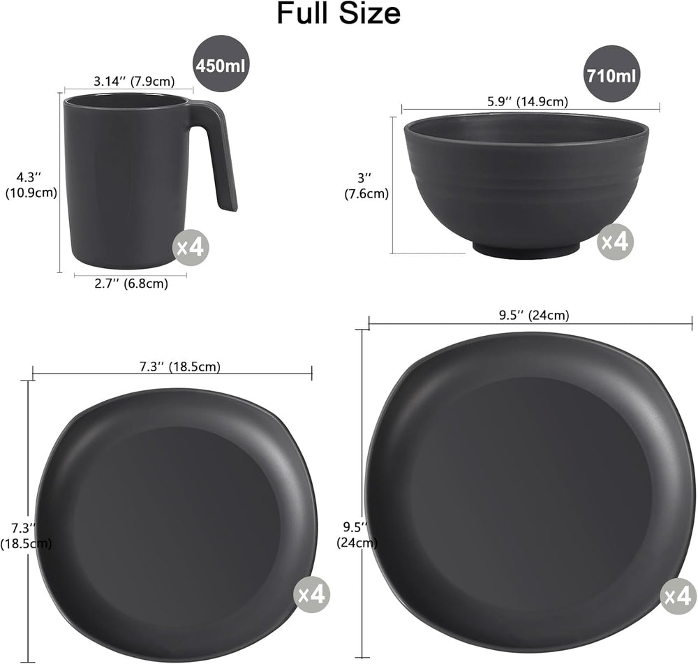 Set de veselă din PP | Set de veselă ușor și indestructibil, format din 16 piese, pentru copii și adulți, set combinat de masă cu 4 farfurii, 4 farfurii de desert, 4 boluri, 4 cești pentru 4 persoane