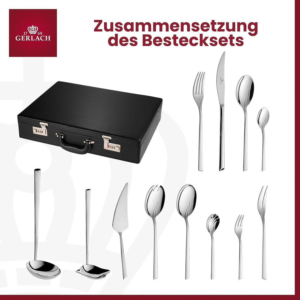 Gerlach Flames Besteck-Set 12 Personen Spülmaschinenfest Essbesteck Edelstahl Elegantes Tafelbesteck Messer Gabel Löffel Teelöffel Kuchengabel Soßenlöffel Kuchenspachtel Glänzend Rostfrei 68 Stk Bucatarie Naty Shop