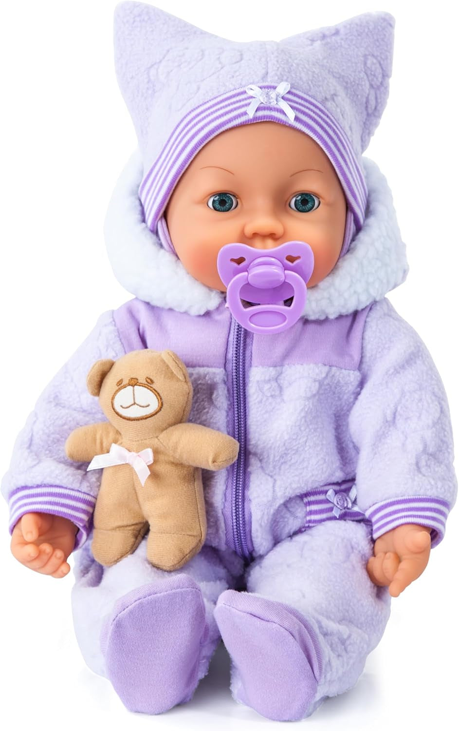 Bayer Design 94694AG 94694AA, Păpușă funcțională, Păpușă interactivă Piccolina Magic Eyes, mișcă gura, clipește și închide ochii, vorbitoare, violet, 46 cm