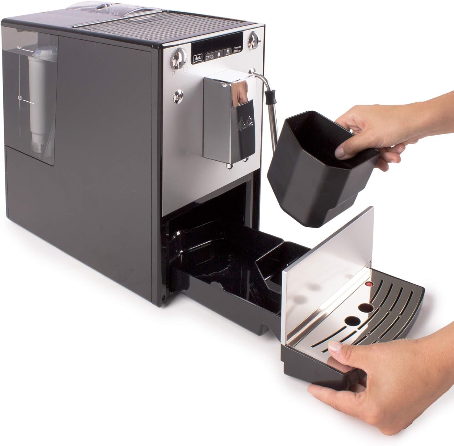 Melitta Solo & Milk - aparat de cafea subțire complet automat cu spumator de lapte, aparat de cafea cu rezervor de apă detașabil, de exemplu cafea sau cappuccino, argintiu