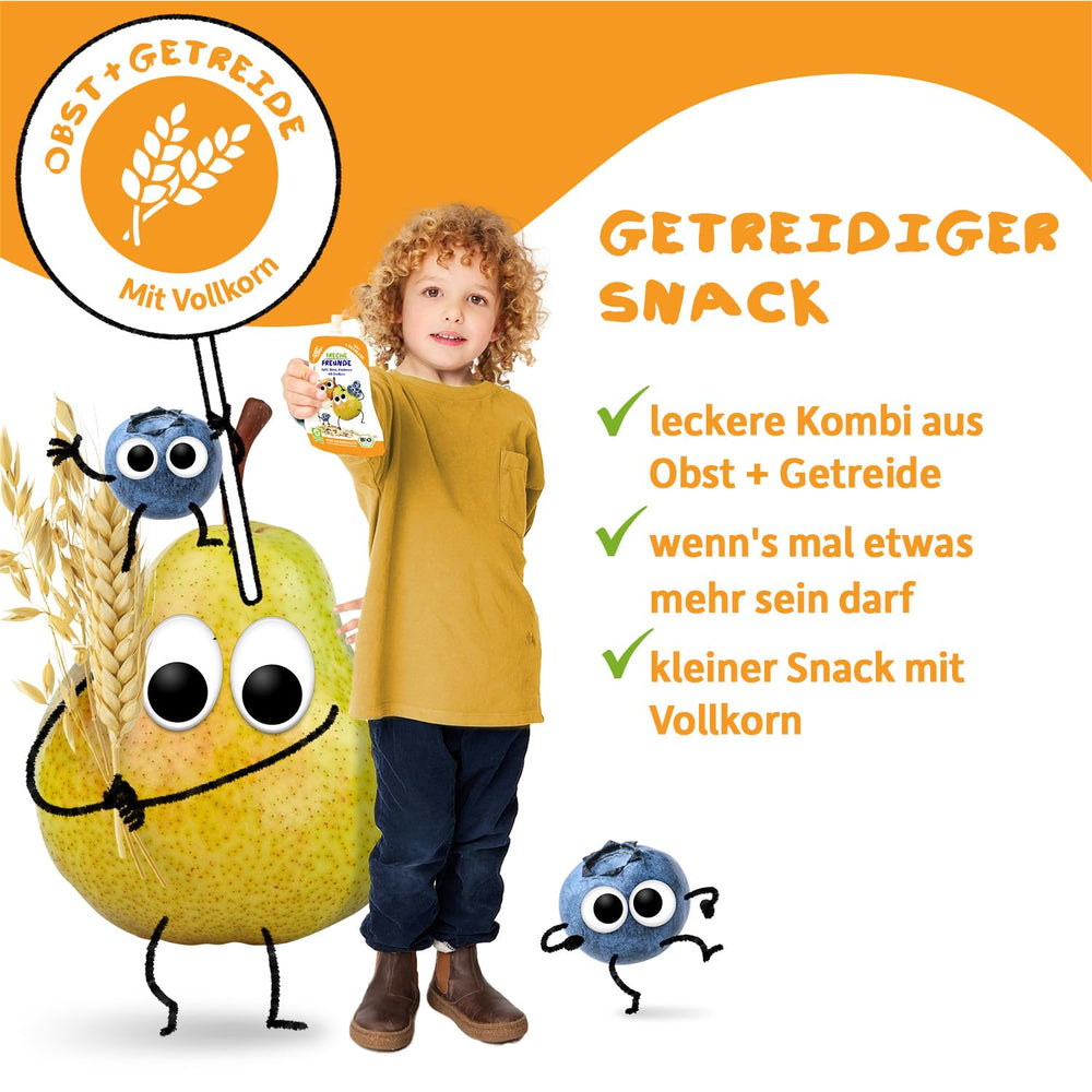 FRECHE FREUNDE Bio Quetschie Apfel, Erdbeere, Himbeere mit Grieß, Fruchtmus mit Getreide im Quetschbeutel für Babys ab dem 6. Monat, vegan, 6er Pack (6 x 100g)