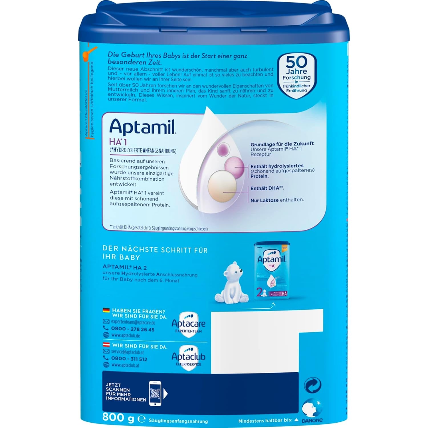 Aptamil HA 1 – Anfangsmilch von Geburt an, Mit DHA, Nur Laktose, Ohne Palmöl, Babynahrung, Milchpulver, 1x 800 g (Packung mit 4)