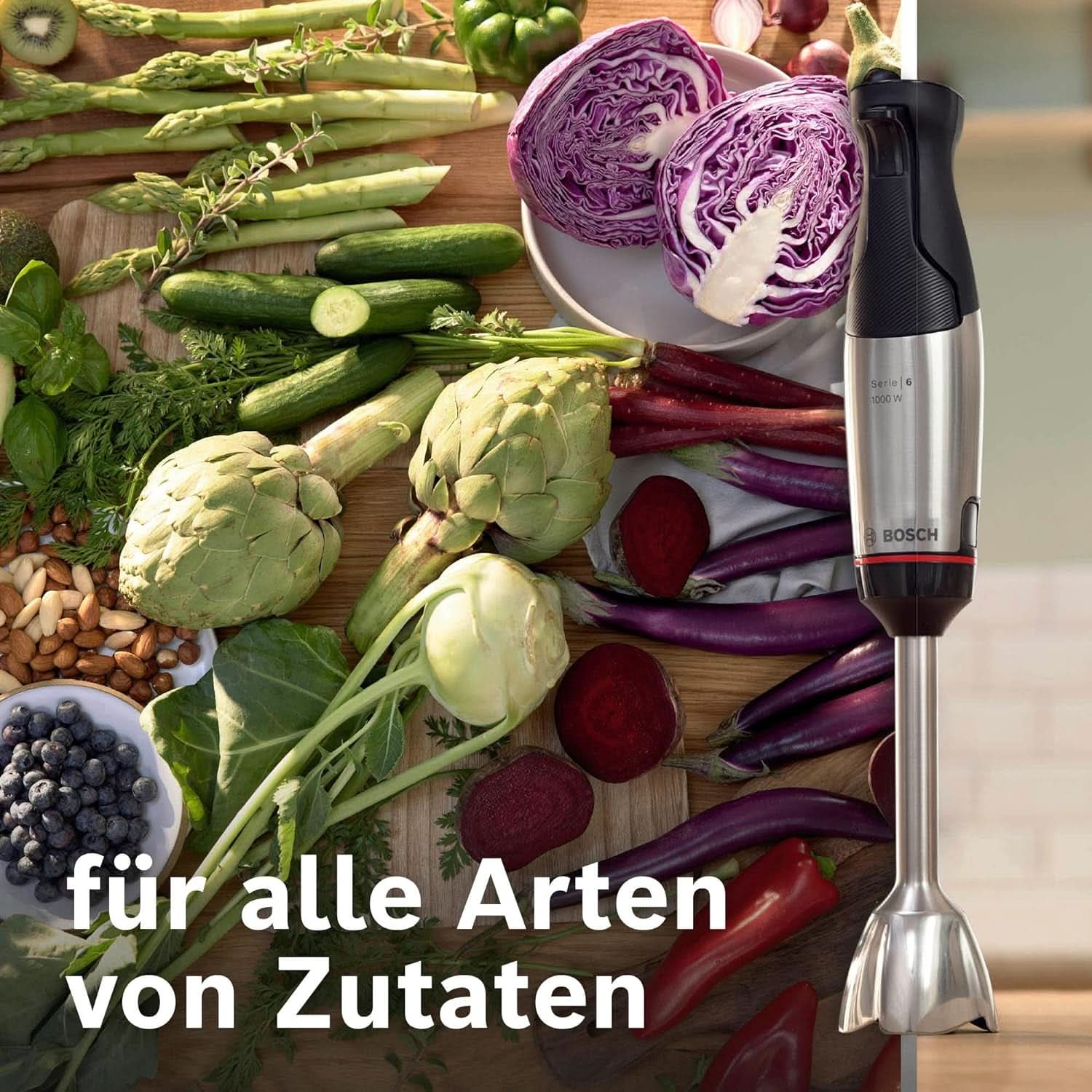 Bosch Stabmixer Ergomaster Serie 6 MSM6M623, 10 Jahre Motorgarantie, Edelstahl-Klingen, Verschleiãÿfreie Keramik-Kupplung, Luftkühlung, Zerkleinerer, Kartoffelstampfer, Schneebesen, 1000 W, Edelstahl Bucatarie Naty Shop