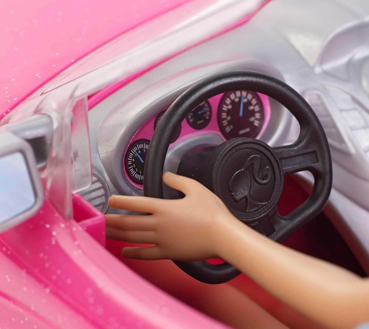 Păpușă Barbie și decapotabilă roz cu sclipici, anvelope realiste, logo, jucărie pentru vârste de la 3 ani în sus, DJR55