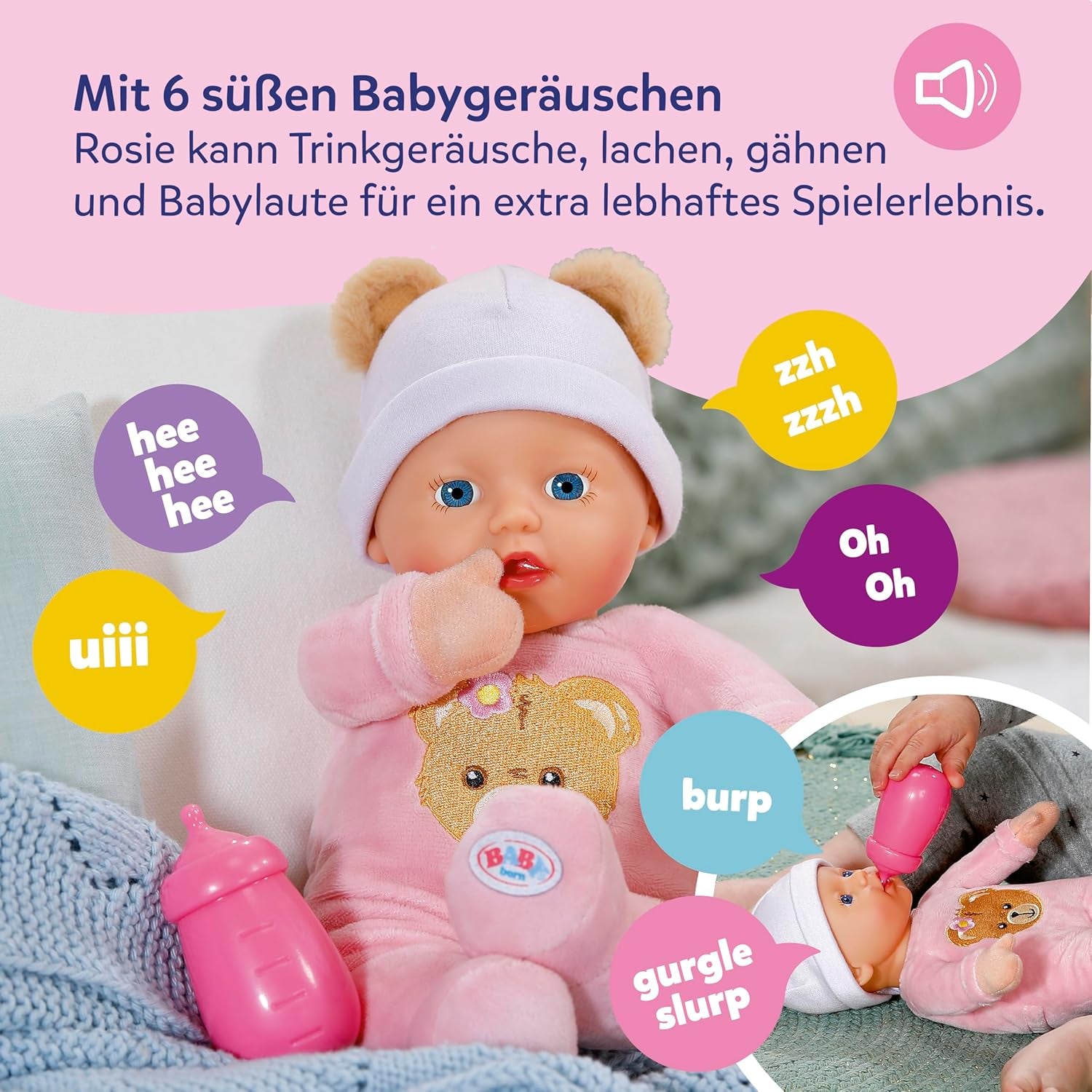 Păpușă moale Baby Born Rosie 30 cm cu 6 sunete și biberon, roz