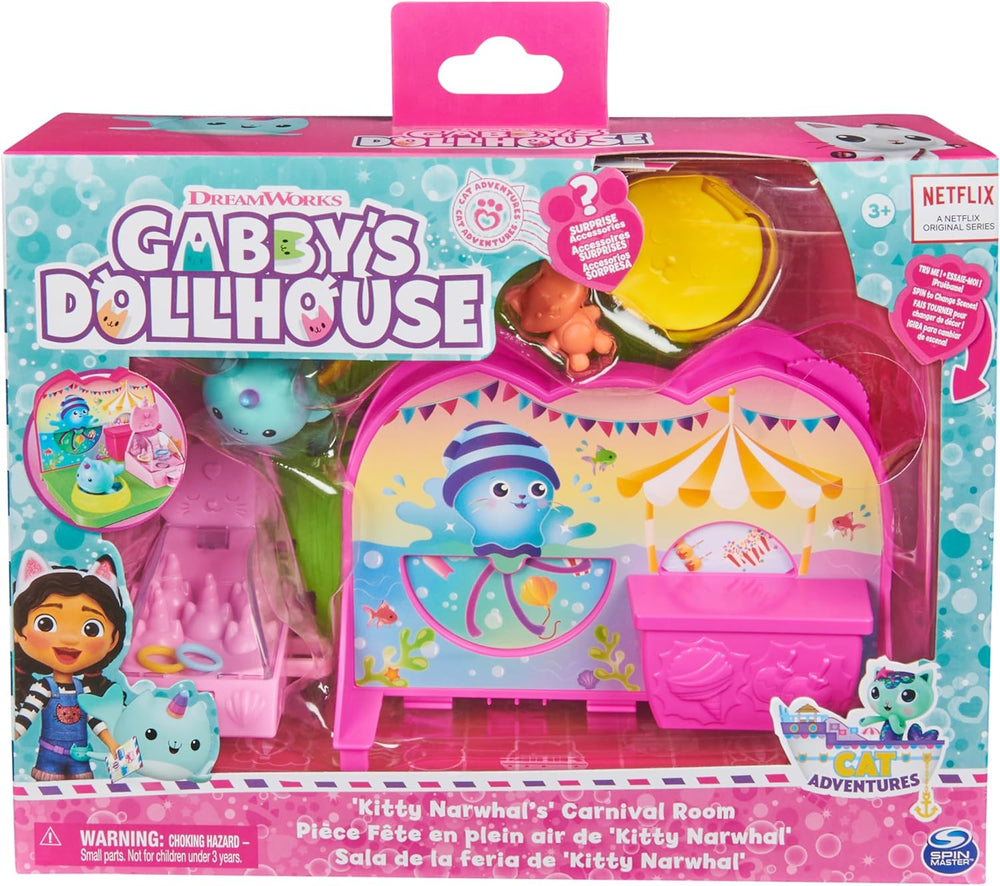 DREAMWORKS CASA DE PĂPȘI A LUI GABBY - Set de joacă Deluxe Room, cameră de petrecere cu Kitty Narwhale, mobilier și accesorii tematice, vârste 3+