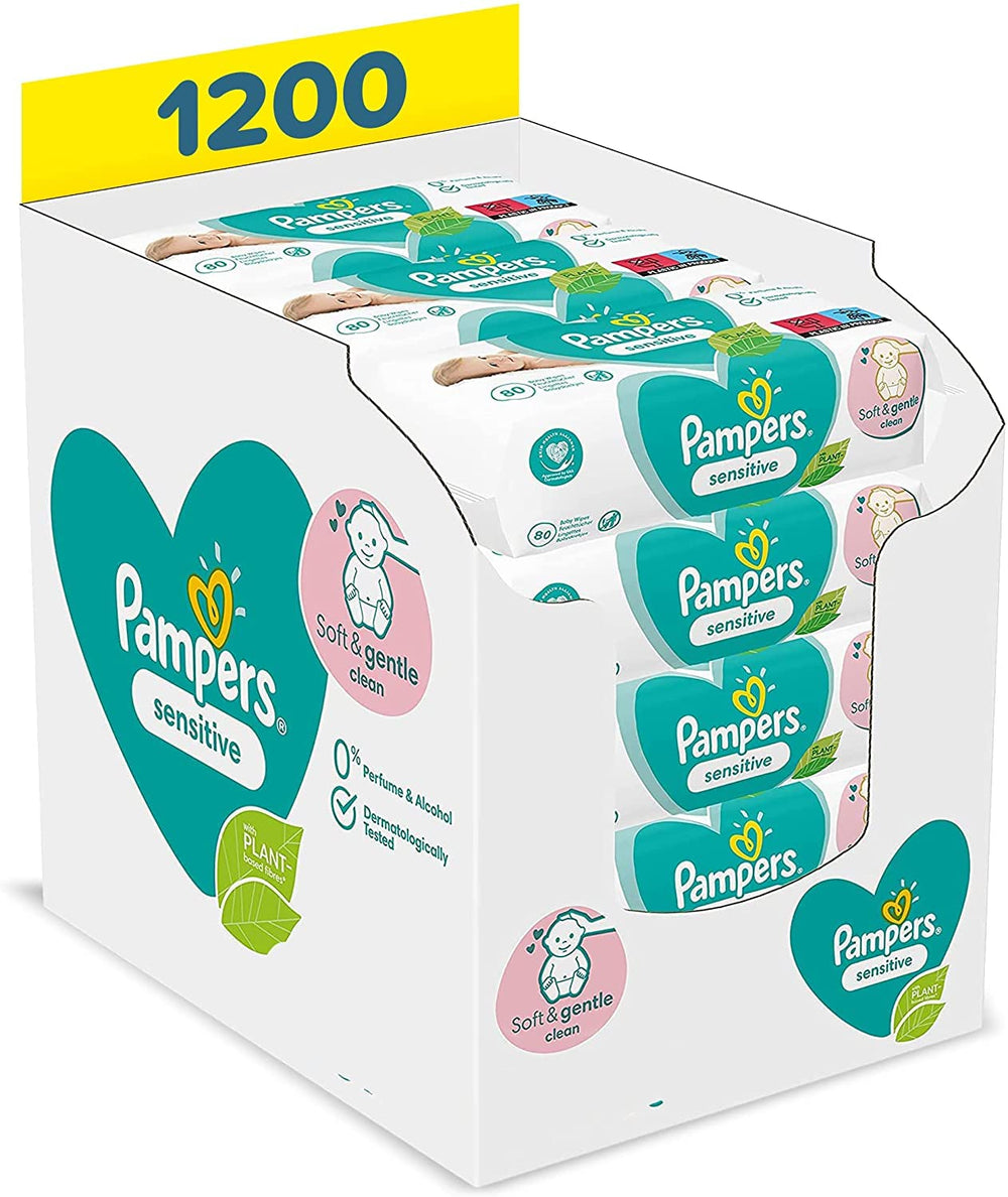 Set de prindere pentru ușă Bright Starts Deluxe cu clemă sigură și stabilă pentru tocul ușii și șervețele umede Pampers Sensitive pentru bebeluși, 1200 de șervețele (15 x 80)