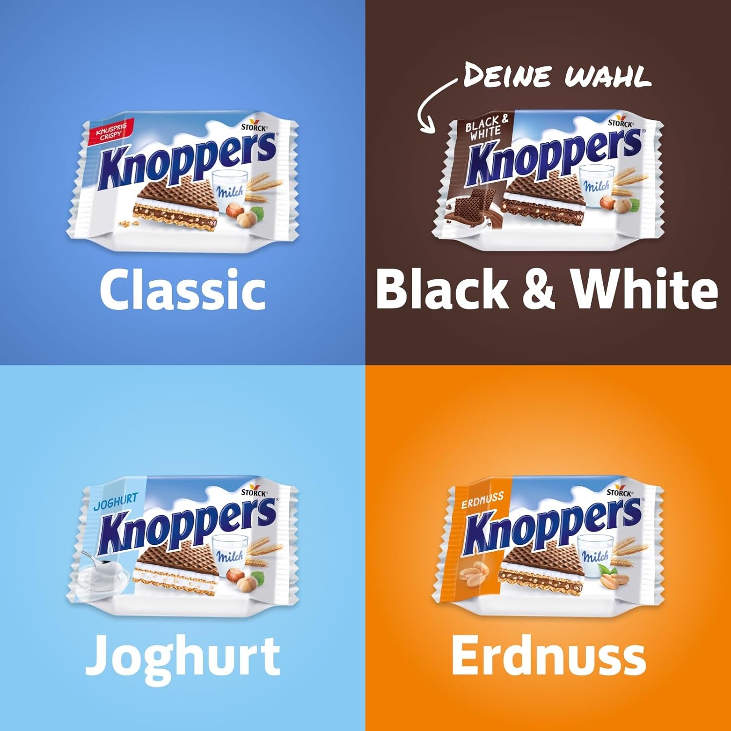 Knoppers Alb și Negru – 8 x 25 g – Felii de napolitană umplute cu napolitane cu cacao neagră, bucăți de biscuiți negri, lapte și cremă de nuga