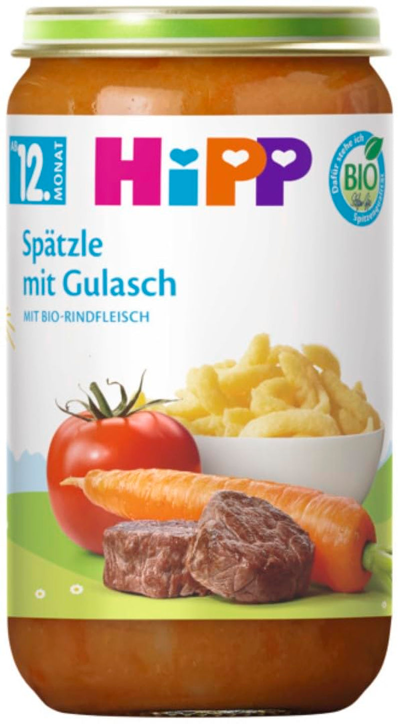 Mese organice HiPP de la 12 luni Spätzle cu gulaș, 250g, pachet de 6 (6x250g) Ambalajul poate varia
