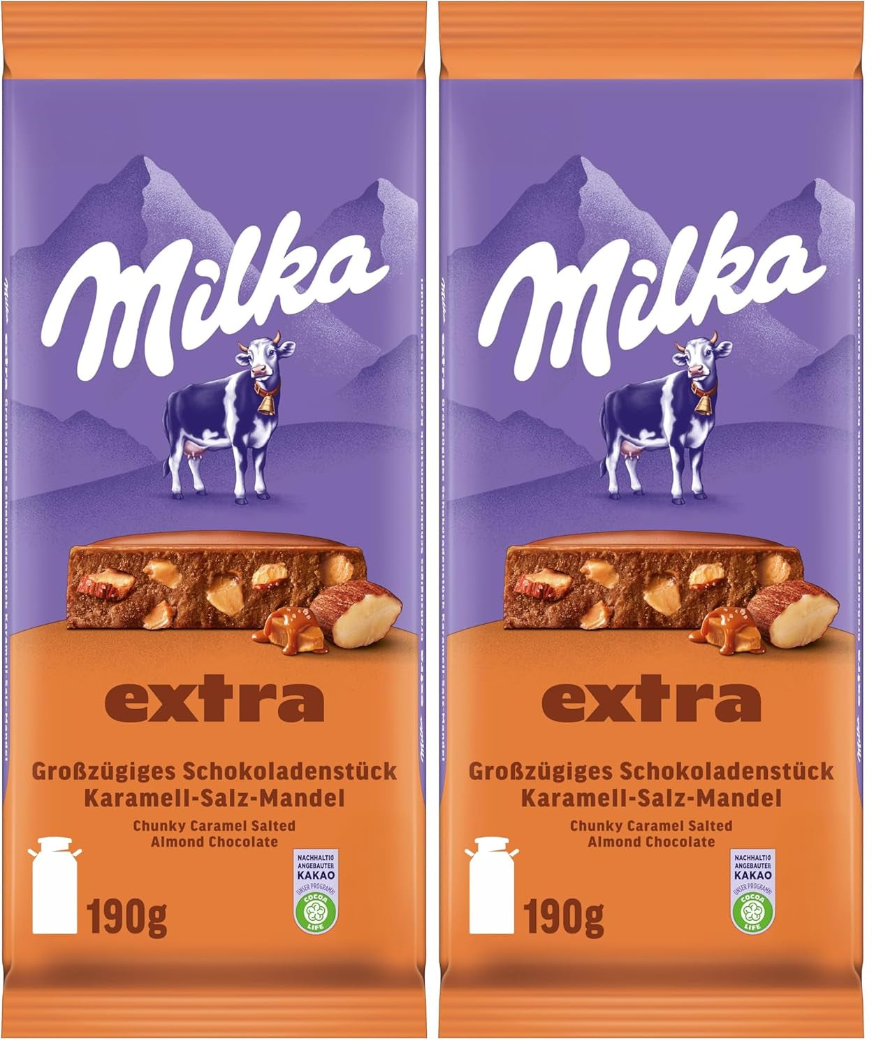 Milka Extra Caramel Sare Migdale – Ciocolată cu lapte alpină cu bucăți de caramel, migdale și un praf de sare – 190g