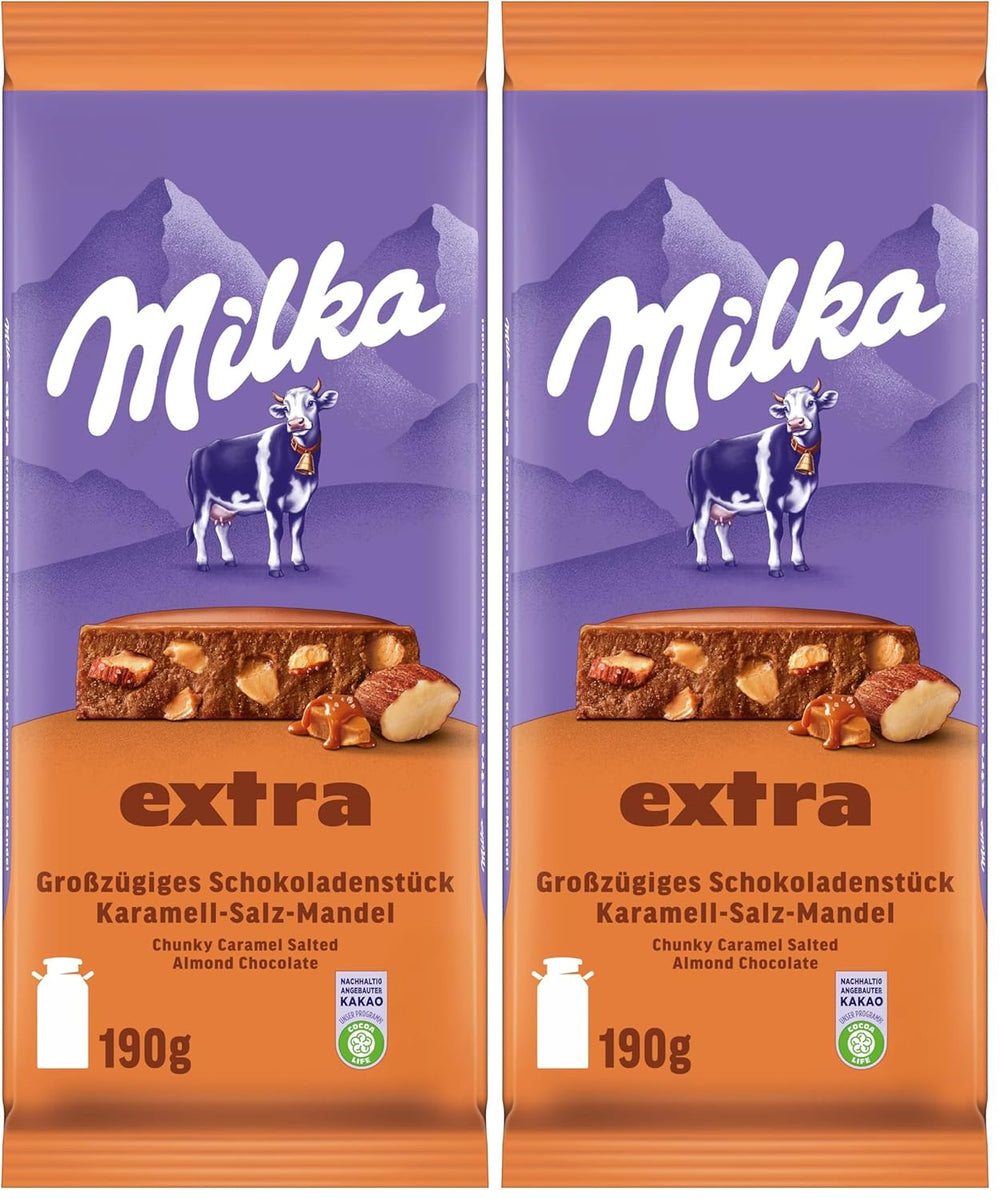 Milka Extra Caramel Sare Migdale – Ciocolată cu lapte alpină cu bucăți de caramel, migdale și un praf de sare – 190g