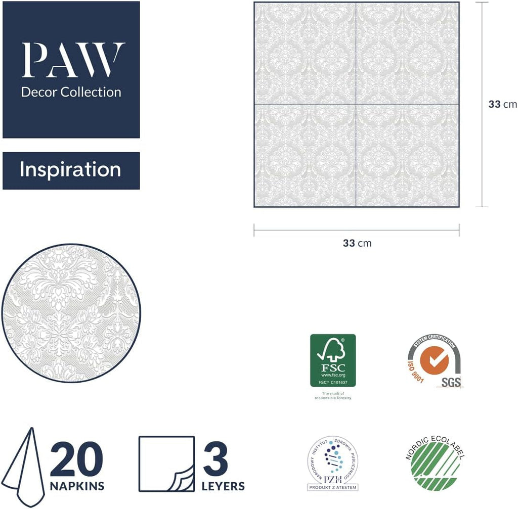 PAW - Șervețele 3 straturi (33 X 33 Cm) I 20 bucăți I Perfect pentru zile de naștere, petreceri, nunți, comuniuni și sărbători I Șervețele de hârtie colorate - ocazii speciale, ornamente I Inspiration Classic (Gold)