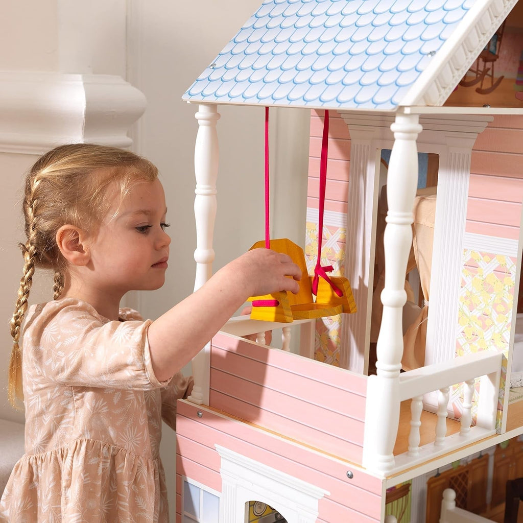 Casă de păpuși Kidkraft Savannah din lemn cu mobilier și accesorii, set de joacă cu scaun suspendat și pat cu baldachin pentru păpuși de 30 cm, jucărie pentru copii de la 3 ani, 65023 Casute de papusi Naty Shop