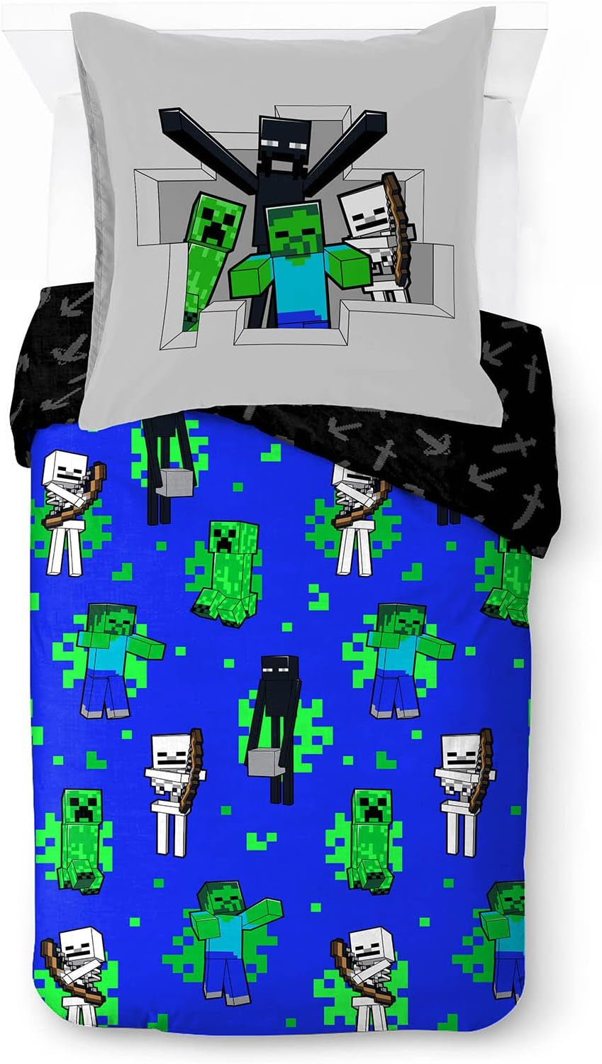 Lenjerie de pat pentru copii, personaje Disney, 100% bumbac Lenjerie de pat - copii Naty Shop Albastru - Minecraft 135X200/80X80 (2 Piece)