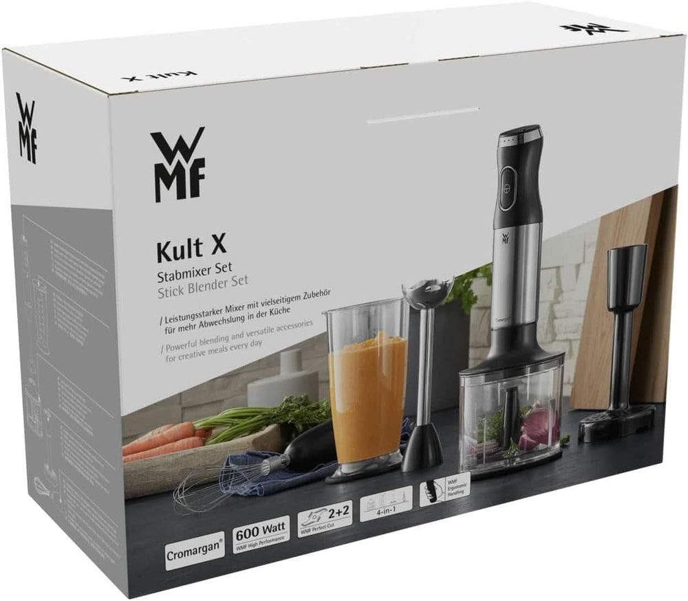 WMF Kult X Stabmixer Set 5-Teilig, Pürierstab, Schneebesen, Stampfer, Zerkleinerer, 600 Watt, Zauberstab Inkl. 700Ml Mixbehälter, Edelstahl Matt Mama si Copilul Naty Shop
