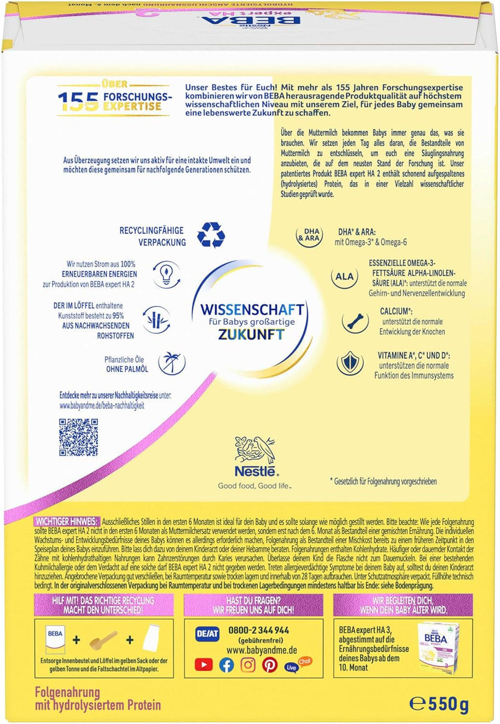 BEBA Expert HA 2 Lapte de continuare după 6 luni, hrană pentru copii cu proteină hidrolizată, doar lactoză, fără ulei de palmier, pachet de 6 (6 x 550 g) Naty Shop