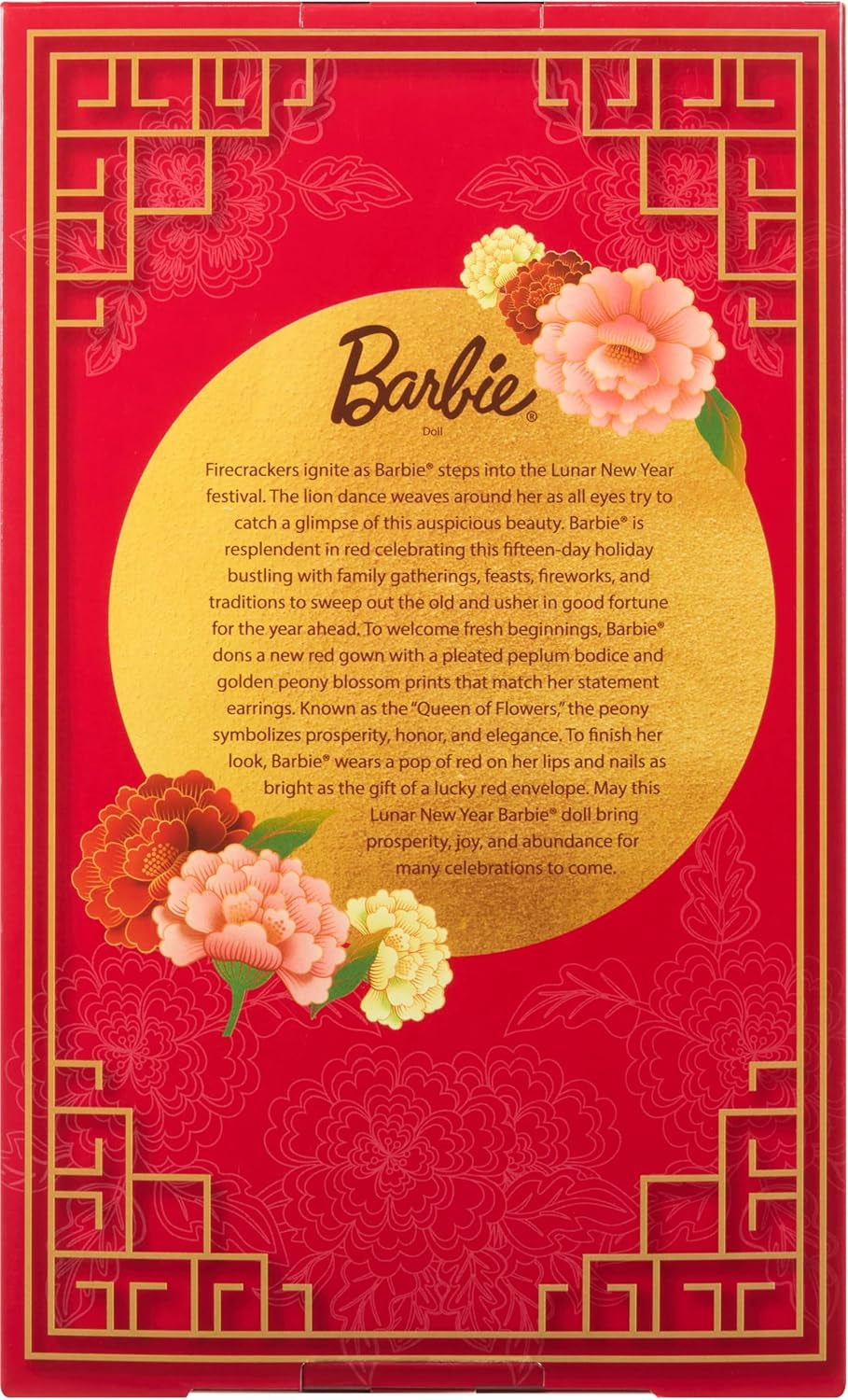 Păpușă Barbie Signature de Anul Nou Lunar în rochie roșie cu model de bujori aurii, jucărie de colecție, JJX83