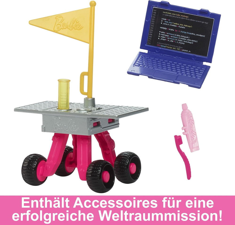 Păpușă Barbie aniversară de 65 de ani și 10 accesorii, set astronaut cu păpușă brunetă, rover cu roți, cască spațială cu vizieră schimbătoare și multe altele, HRG45