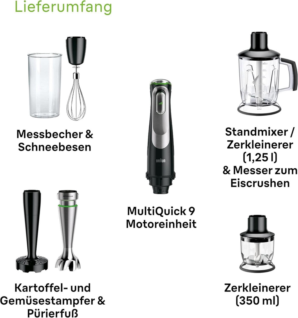 Braun Multiquick 9 MQ 9147X – 5-In-1 Stabmixer Mit Standmixer-Aufsatz, Zerkleinerer, Kartoffel- & Gemüsestampfer & Schneebesen, Stufenlose Geschwindigkeitseinstellung, 1200 W, Schwarz/Edelstahl Bucatarie Naty Shop