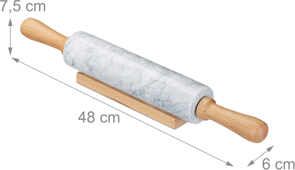 Relaxdays Sucitor de aluat din marmură, mânere din lemn, rolă de copt rezistentă, 48 cm, alb