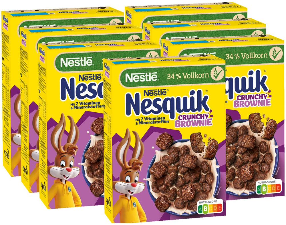 Nestlé NESQUIK Crunchy Brownie, cereale crocante pentru micul dejun cu bucăți de ciocolată și o formă inovatoare pentru un plus de crocant, pachet de 7 (7 x 300g)