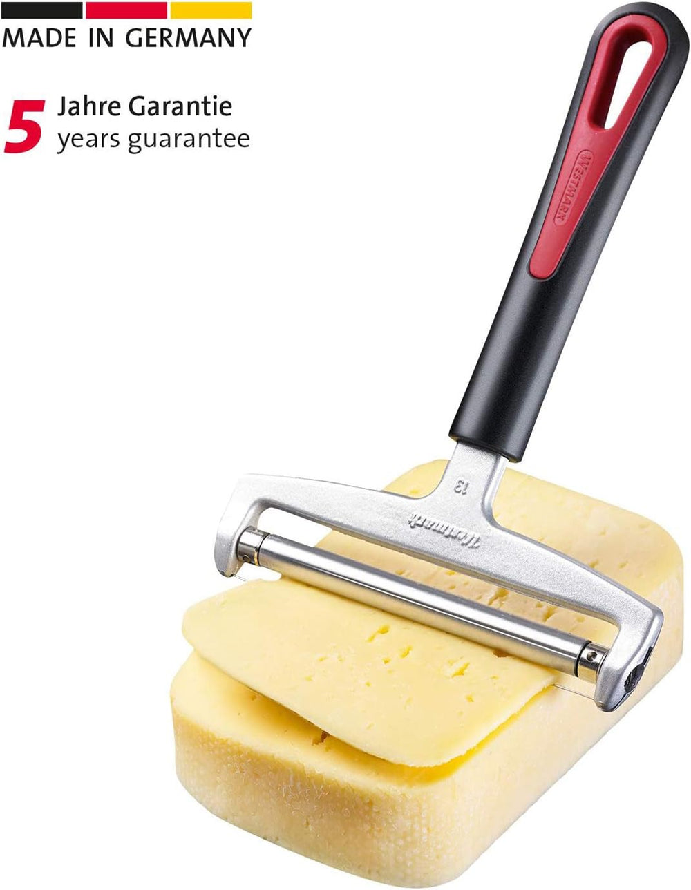 Feliator de brânză Westmark cu rolă și fir de tăiere înlocuibil, grosime de tăiere variabilă, lățime: 12 cm, oțel inoxidabil/aluminiu/plastic, negru/roșu, 29272260, 17 x 12 x 2 cm