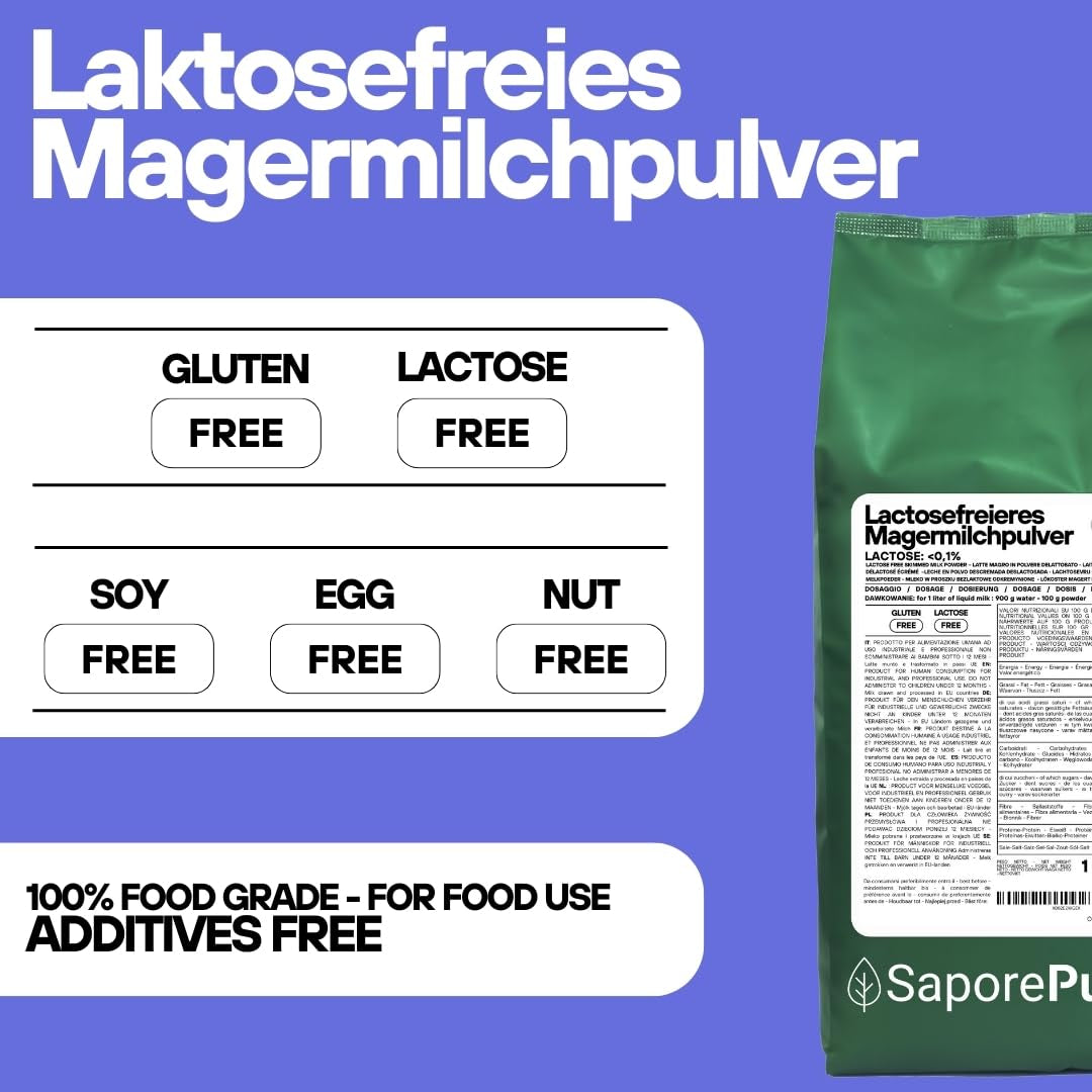 Laktosefreies Magermilchpulver 1 kg | Hohe Löslichkeit | Ideal für Backwaren, Brot und Speiseeis | Professionelle und industrielle Verwendung | Laktosefrei | Glutenfrei